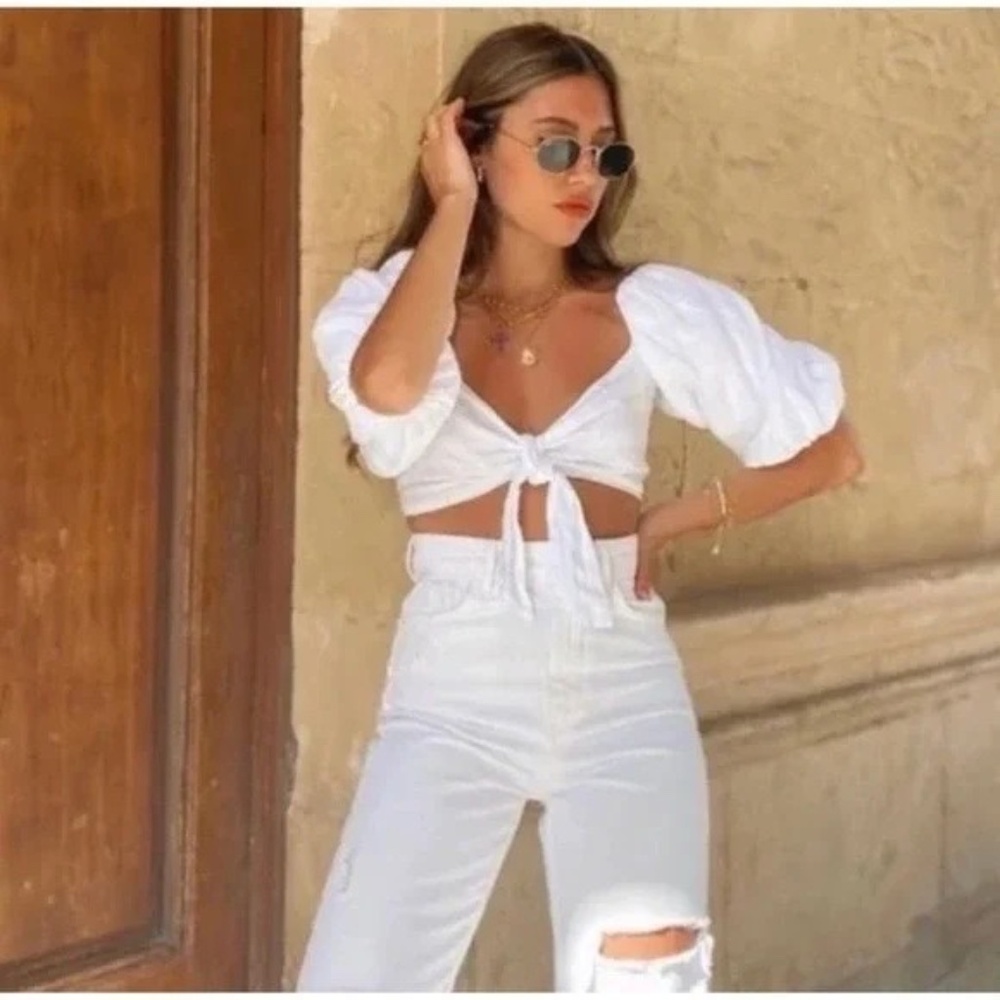 ZARA White Linen Blend Puff Sleeve Tie Front Crop Top Size XS
